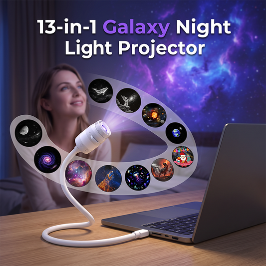🌌 50% DESCONTO AGORA! 💫 Candeeiro USB com projeção de céu estrelado – 13 discos de filme intercambiáveis e haste flexível – perfeito para o quarto ✨