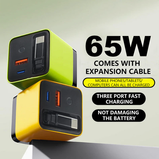 🔥🔥Carregador de celular com carregamento rápido de 65W, bloco carregador com cabo Tipo-C retrátil de 80 cm