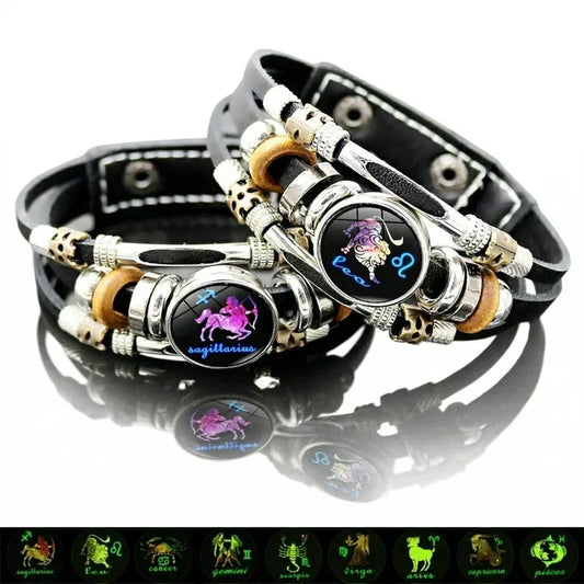 ⭐ 50% DESCONTO AGORA! 🐾 Pulseira em pele com signos do zodíaco que brilha no escuro – Brilha à noite, ajustável e unissexo – Perfeita para os amantes do zodíaco e para usar no dia a dia ✨