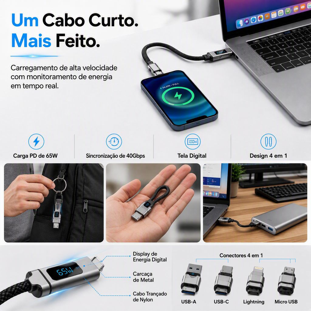 ⏳🔥Cabo de carregamento com porta-chaves e ecrã digital 4 em