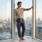 👖 50% DESCONTO AGORA! 🌿 Calças de linho para homem – Riscas e cropped – Cintura elástica e cordão – Calças de verão respiráveis🏖️