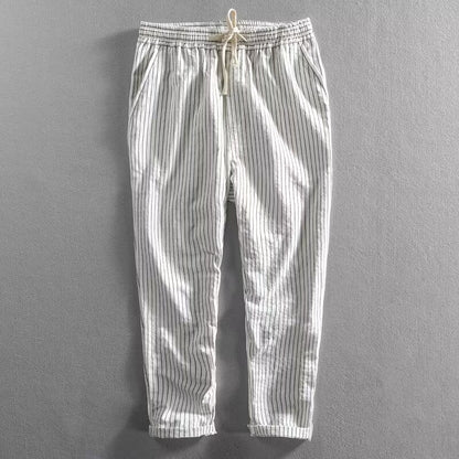 👖 50% DESCONTO AGORA! 🌿 Calças de linho para homem – Riscas e cropped – Cintura elástica e cordão – Calças de verão respiráveis🏖️