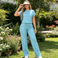 ⏰🔥OFERTA POR TEMPO LIMITADO: 50% DE DESCONTO!🔥Conjunto feminino casual de blusa de manga curta e calça pantalona
