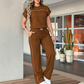 ⏰🔥OFERTA POR TEMPO LIMITADO: 50% DE DESCONTO!🔥Conjunto feminino casual de blusa de manga curta e calça pantalona