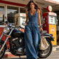 👖 OFERTA POR TEMPO LIMITADO: 50% DE DESCONTO! ✨ Macacão jeans feminino – Sem mangas, decote em V, pernas largas 💫
