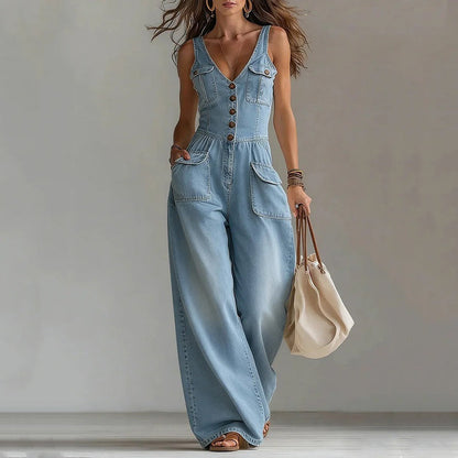 👖 OFERTA POR TEMPO LIMITADO: 50% DE DESCONTO! ✨ Macacão jeans feminino – Sem mangas, decote em V, pernas largas 💫