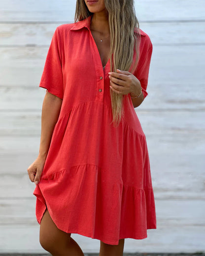 💝Vestido de cor sólida com lapela e botões confortáveis