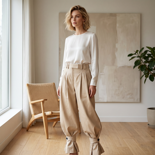👖🎉 Calças femininas estilo «lanterna» com pregas e babados nas bainhas – Leves e arejadas – Perfeitas para o verão, para a praia ou para um look boho romântico – femininas e confortáveis 🌸