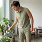 Conjunto de camisa sem mangas e shorts de linho masculino