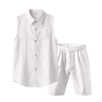 Conjunto de camisa sem mangas e shorts de linho masculino