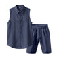 Conjunto de camisa sem mangas e shorts de linho masculino