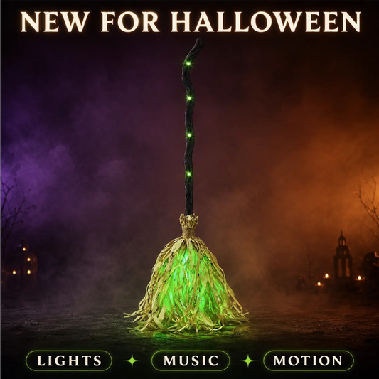 🧙 Vassoura de bruxa animada para decoração de Halloween com luzes e sons