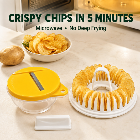 Conjunto para fazer batatas fritas caseiras no micro-ondas com cortador e taça.